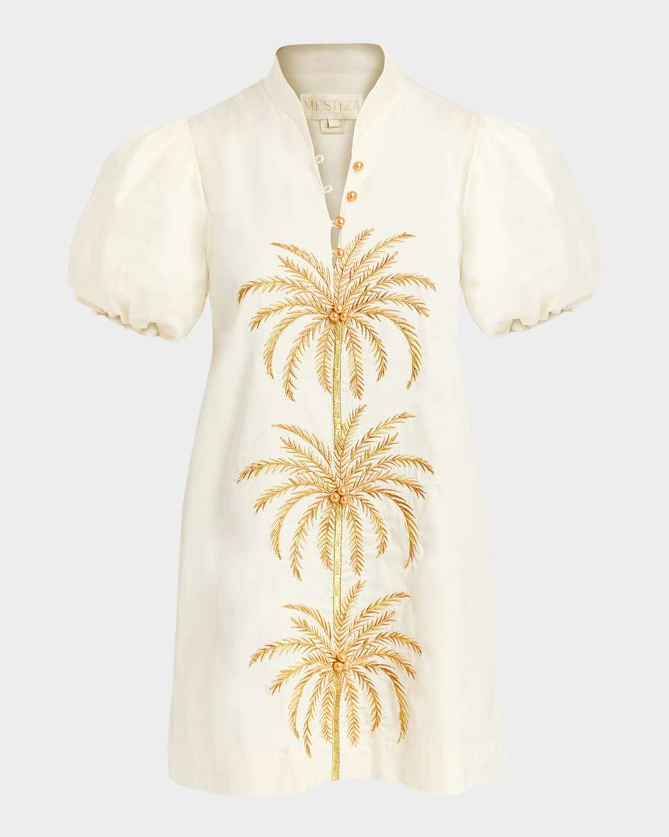 Elliana Puff-Sleeve Palm Tree Mini Dress